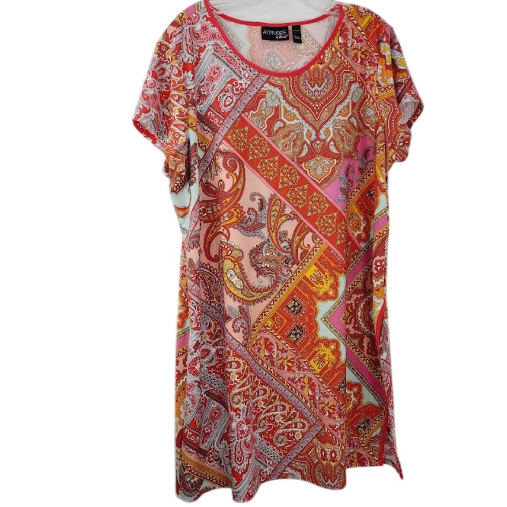 Attitudes by‎ Renee Women's Red Paisley Flare Short Sleeve Mini Dress Size XL